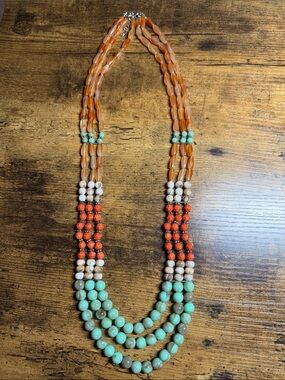Multi-Strand Beaded Necklace in Turquoise, Coral & Amber - Women’s Jewelry